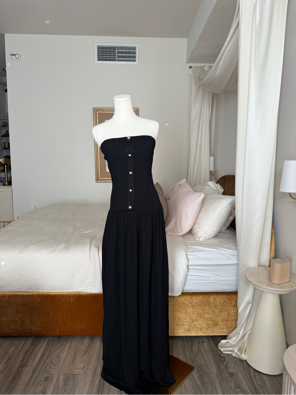 Self-Portrait Black Bandeau Knit Strapless Maxi Dress Gold Buttons Size S - Picture 12 of 16